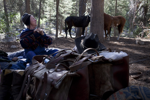 Mary Breckenridge pulls on her fleece after waking up in the morning of her second day of her trans-Sierra trip. In the background are her mules and horse, which she "highlines" at night and sleeps near.