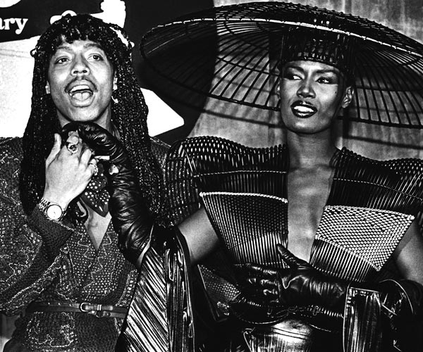 Singers Rick James and Grace Jones backstage at the 1980 Grammy Awards in Los Angeles.