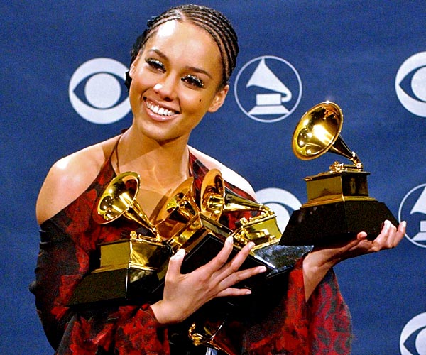 Alicia Keys wins for best new artist at the 44th Grammy Awards in Los Angeles.