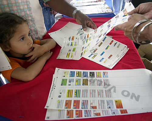 Supporters of Venezuelan President Hugo Chavez hand out sample ballots in Caracas.