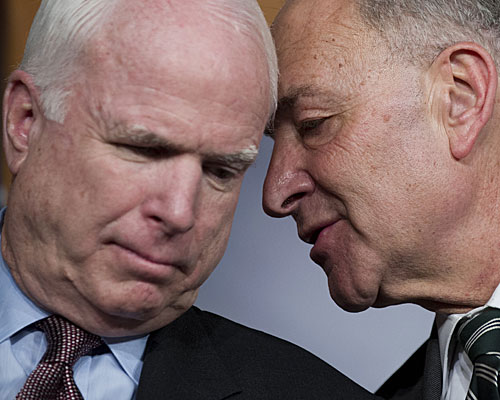 Senators John McCain, left, a Republican, and Charles E. Schumer, a Democrat, speak during a press conference on an agreement for principles on comprehensive immigration reform framework.
