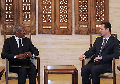 Special envoy to Syria Kofi Annan, left, and Syrian President Bashar Assad meet in Damascus.