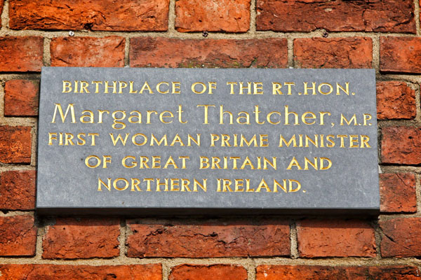 A plaque is displayed on the wall of the birthplace and childhood home of former British Prime Minister Margaret Thatcher.