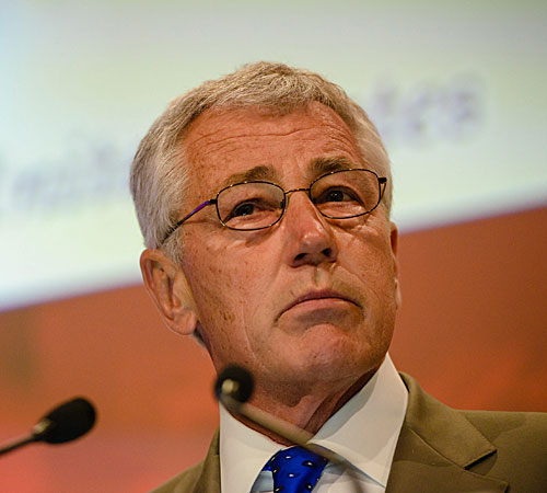 U.S. Defense Secretary Chuck Hagel delivers a speech at an International Institute for Strategic Studies meeting in Singapore. 
