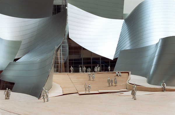 A detail of the main entry of the most recent design for the Walt Disney Concert Hall.