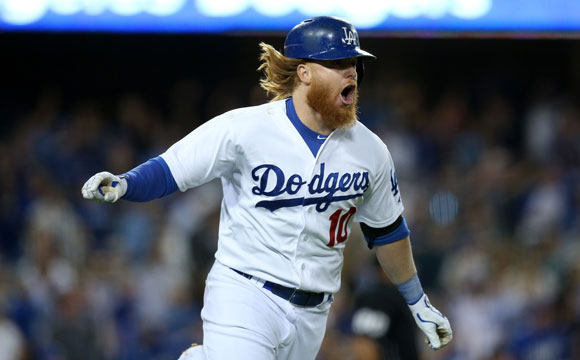 Justin Turner reacts after hitting his second home run.