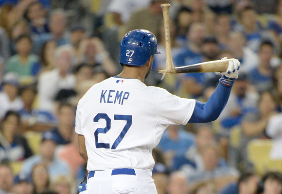 Dodgers left fielder Matt Kemp breaks his bat after striking out during a 6-3 loss to the San Diego Padres.