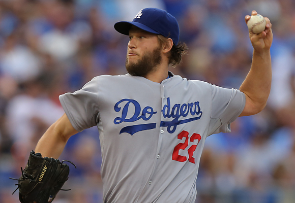 Dodgers starter Clayton Kershaw delivers a pitch during the first inning of the team's 2-0 win over the Kansas City Royals.