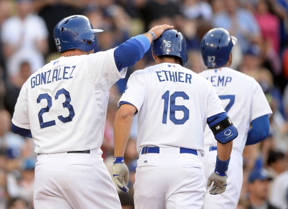 Andre Ethier is congratulated by Adrian Gonzalez after his three-run homer.