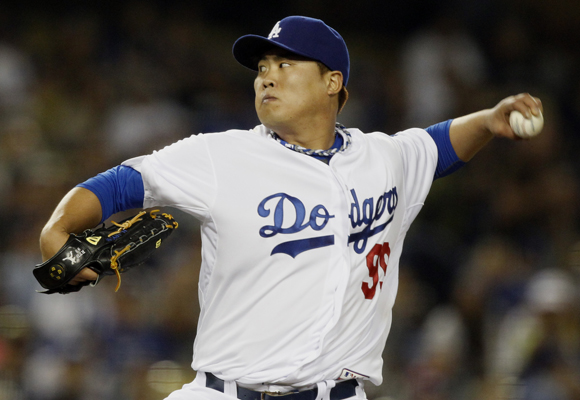Dodgers starter Hyun-Jin Ryu delivers a pitch during the sixth inning of the team's 6-1 win over the Colorado Rockies.