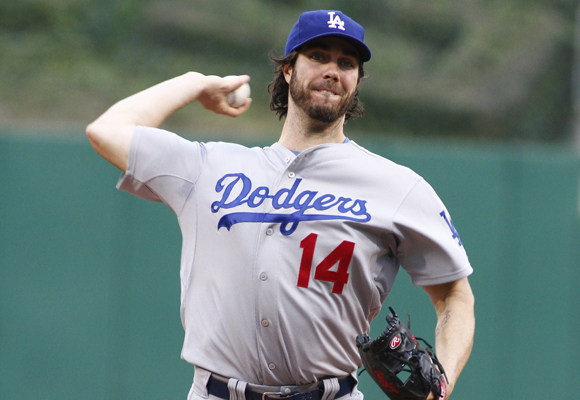 Dodgers starter Dan Haren delivers a pitch during the team's 6-1 loss to the Pittsburgh Pirates.