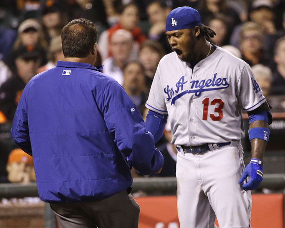 Hanley Ramirez is in pain after getting hit by a pitch.
