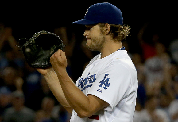 Clayton Kershaw reacts after pitching a complete game in a 2-1 victory over the Atlanta Braves at Dodger Stadium.