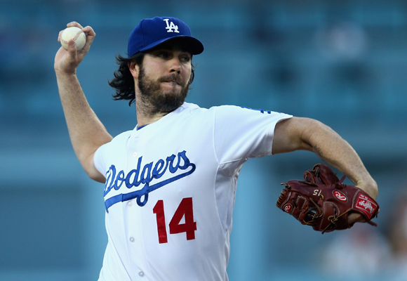 Dodgers starter Dan Haren delivers a pitch during the team's 8-2 loss to the Chicago Cubs.