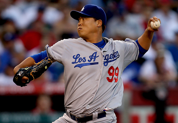 Dodgers starter Hyun-Jin Ryu delivers a pitch during the second inning of the team's 7-0 win over the Angels in the Freeway Series finale.