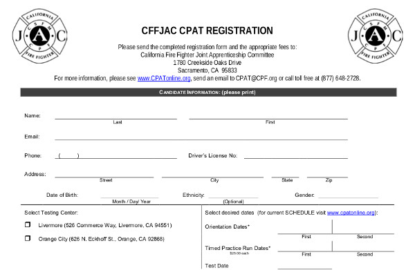 A form for signing up to take a physical ability test required to become an LAFD firefighter. 