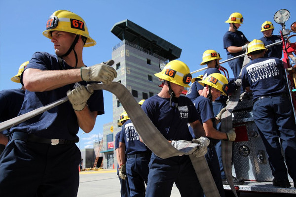 The class of new hires training at the LAFD's drill tower in Panorama City.