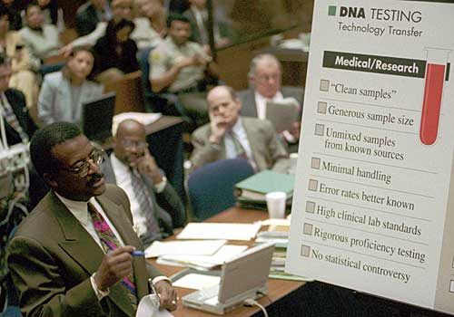 Defense attorney Johnnie L. Cochran Jr. refers to a chart containing DNA information during opening statements.