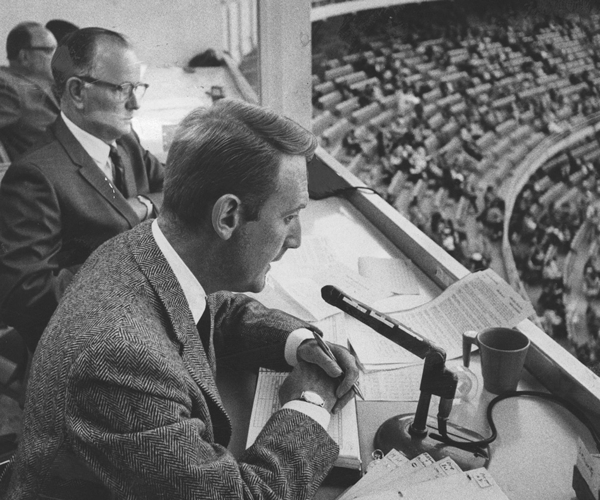 Scully and Doggett in the Dodger Stadium broadcast booth in 1967. Scully and Doggett called Dodgers games together from 1956 to 1987. 