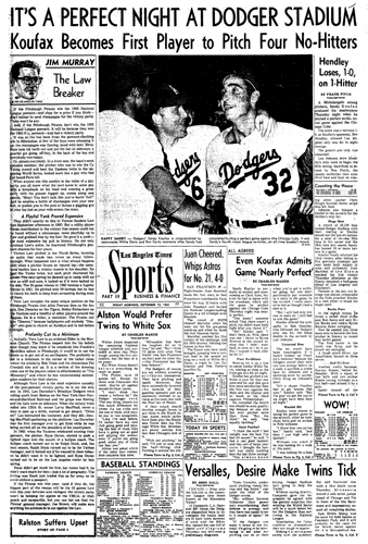 The Los Angeles Times' sports page the day after Koufax's perfect game.