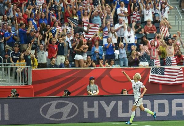 Megan Rapinoe of the USA celebrates after scoring in the World Cup.
