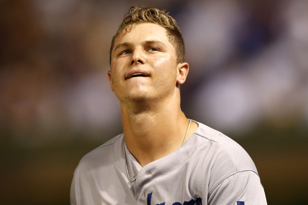 Dodgers center fielder Joc Pederson looks into the stands after hitting into a double play during the sixth inning of a 4-2 loss to the Chicago Cubs.