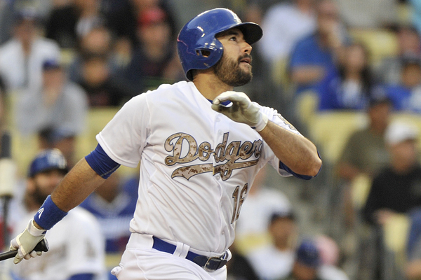 Dodgers right fielder Andre Ethier hits a home run during the eighth inning of a 6-3 win over the Atlanta Braves.