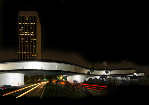 Peter Zumthor's proposed redesign for LACMA, facing west at night.