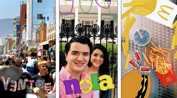 Snapchat geofilters, which bear the name of places along with a symbolic drawing, include one for Venice, left, overlaying a photo of the boardwalk, and for New Orleans. McDonald's sponsors a geofilter that can be used by its customers.  