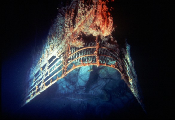 An underwater image of the Titanic wreck.