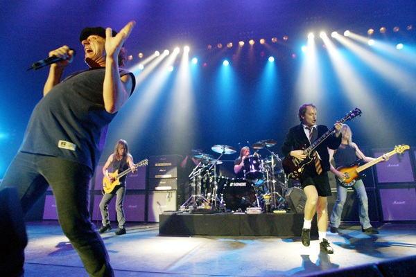 This June 2003 file photo shows British rock band AC/DC performing at a concert in Munich, Germany.