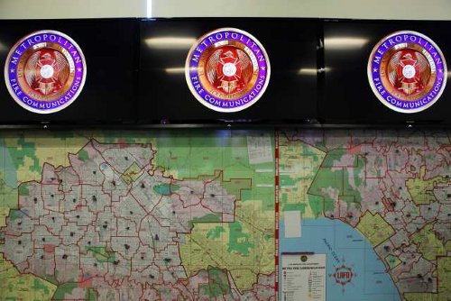 Maps show fire station districts at the LAFD dispatch center.