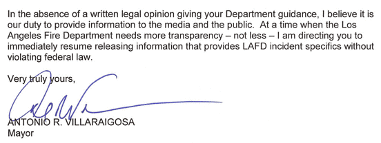 The mayor's letter told the LAFD to keep releasing data.