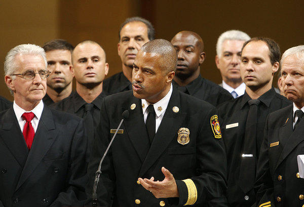 Fire Chief Brian Cummings speaking at City Hall earlier in the year
