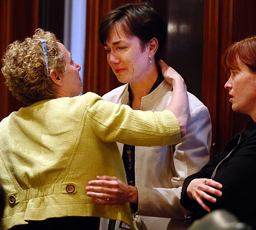 Rep. Elaine Nekritz, D-Buffalo Grove, consoles Rep. Kelly Cassidy, D-Chicago, after a gay marriage bill wasn’t called to the floor of the Illinois House because there weren’t enough votes.