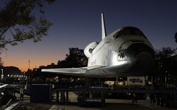 Space Shuttle Endeavour being moved into it's new home at the California Science Center on Sunday. 