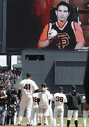 Bryan Stow, who was beaten last year at Dodger Stadium, talks to crowd at the Giants' home opener on April 13, 2012. 