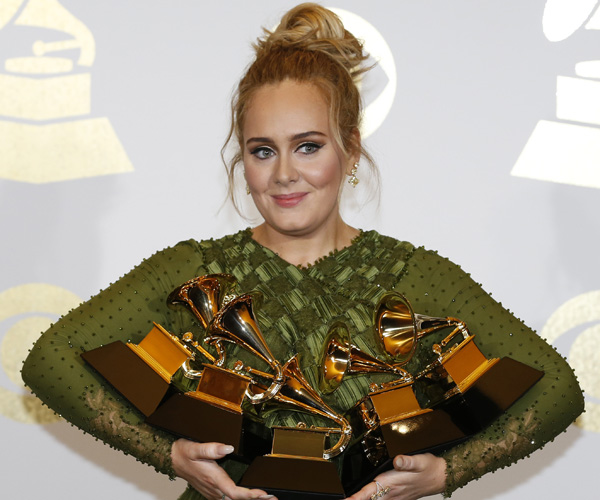 Adele backstage at the 59th Grammy Awards at Staples Center in Los Angeles on Sunday, Feb. 12, 2017. 