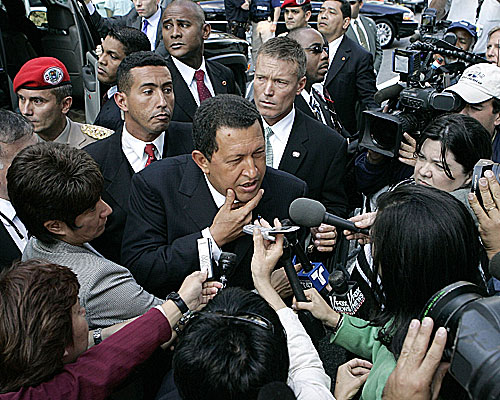 Venezuelan President Hugo Chavez speaks to reporters and others outside the United Nations after he spoke during the 61st General Assembly session.