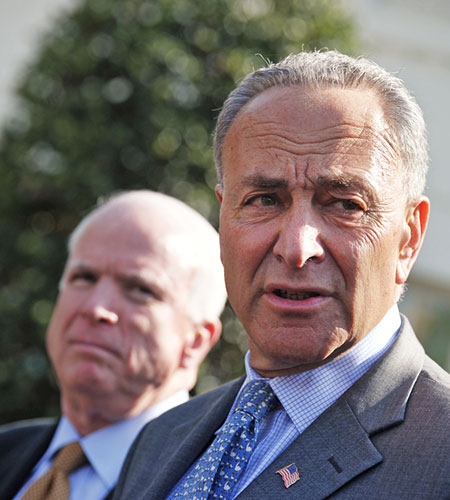 Sens. John McCain and Chuck Schumer  after briefing President Obama on the draft of a bipartisan immigration reform bill.