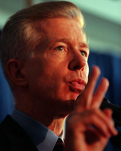 California Governor Gray Davis talks about the repeal of Proposition 187 at his downtown office.