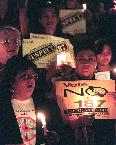 Opponents protest the passage of Proposition 187 on the steps of Los Angeles City Hall.